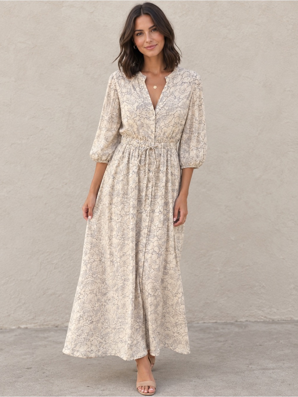 BEAU & RO Button-Down Tie Waist 3/4 Sleeve Maxi Dress Size Small 100% Cotton
